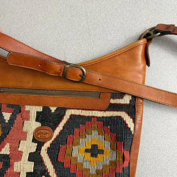 Vtg Yun Art Turkish Killim Purse Crossbody Shoulder Bag Carpet Wool Leather Zip - Picture 3 of 8